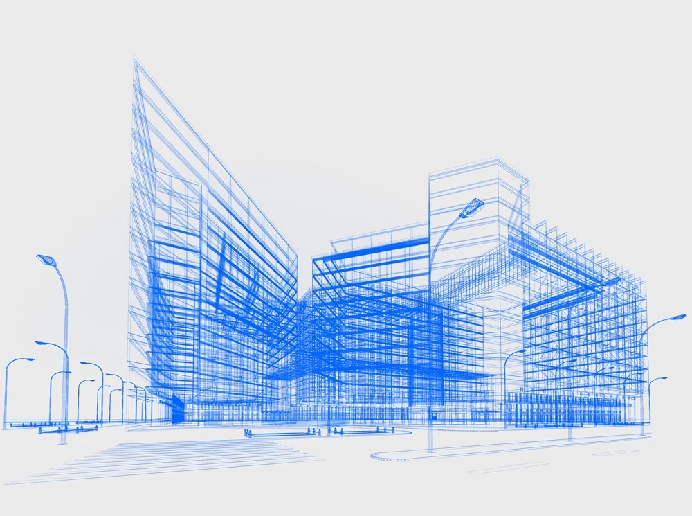 Blue digital-twin wireframe of buildings and their infrastructure